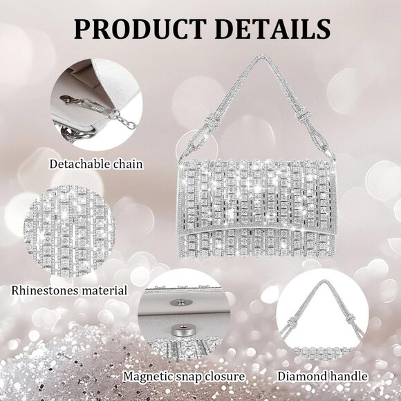 Silver Rhinestone Clutch Evening Crossbody Bag for Wedding & Party Cocktail Prom - Picture 4 of 7